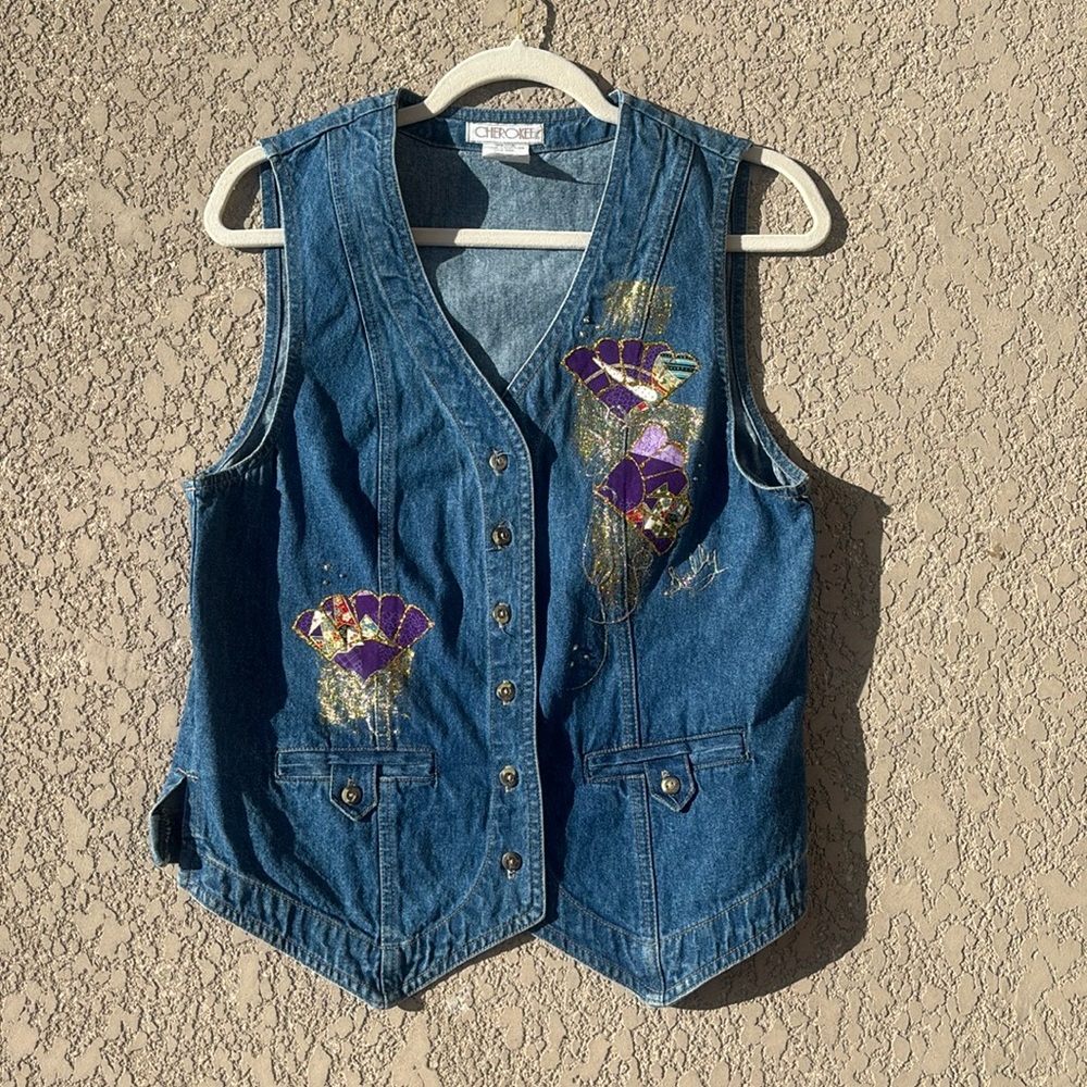 Vintage Cherokee Denim Vest Sally Glitter Japanese Fans Size Small 80s